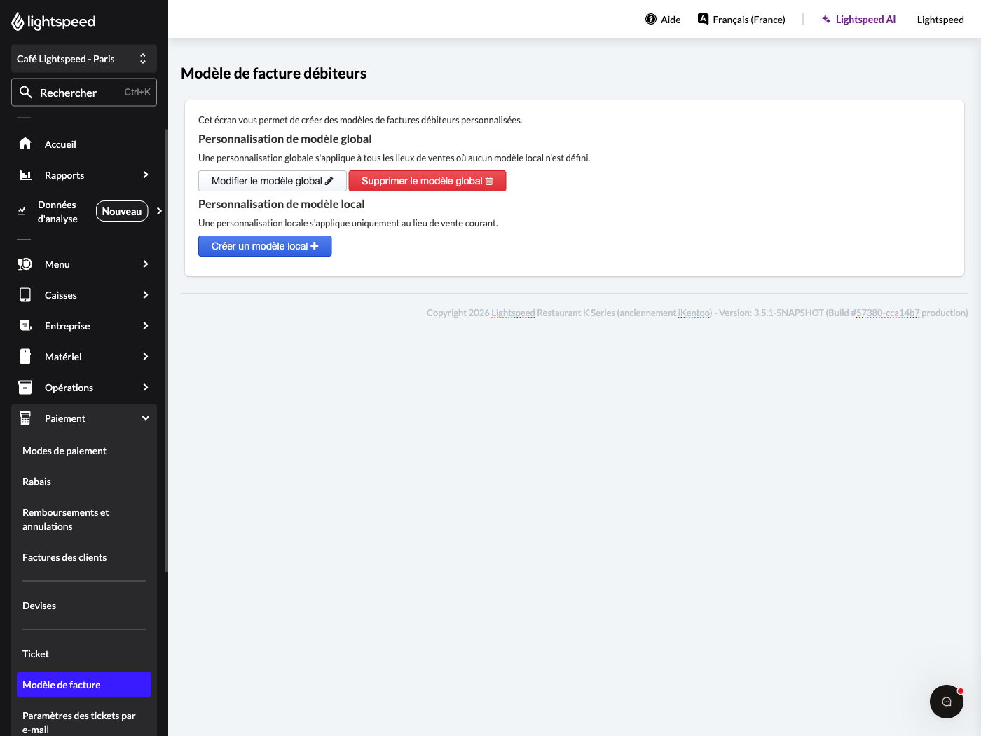 Page Modèle de facture débiteurs du back-office.