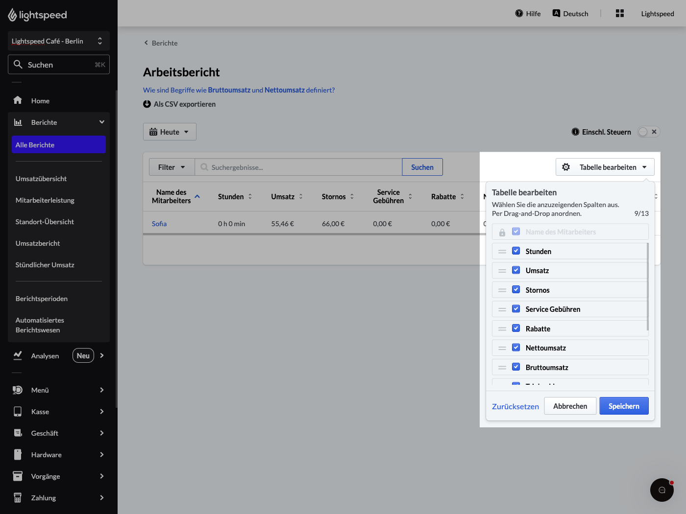 Das Bild zeigt den Arbeitsbericht im Lightspeed Backoffice. Ein Dropdown-Menü mit dem Titel „Tabelle bearbeiten“ wurde geöffnet und hervorgehoben.