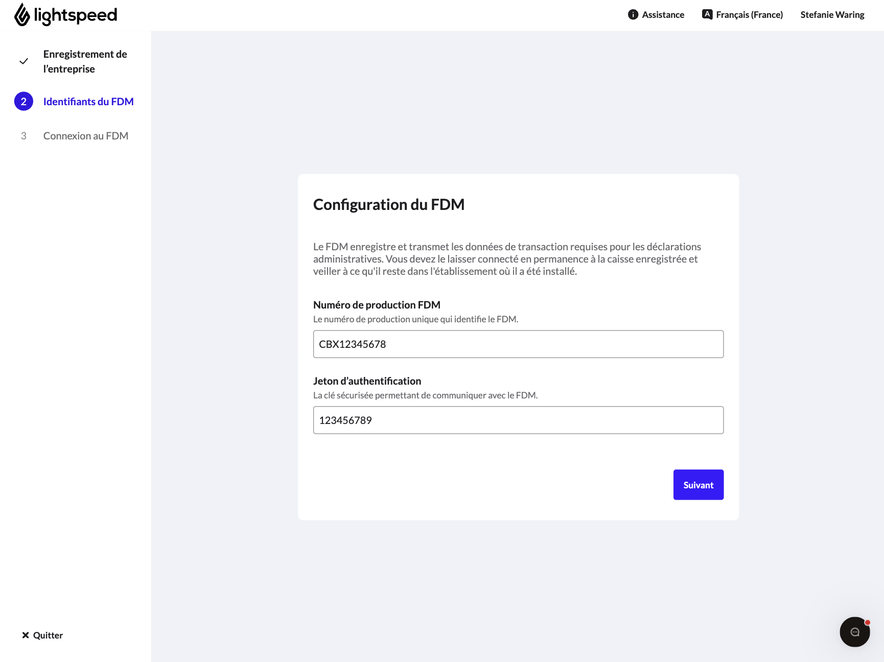 L'écran permettant de saisir le numéro de production FDM et le jeton d'authentification