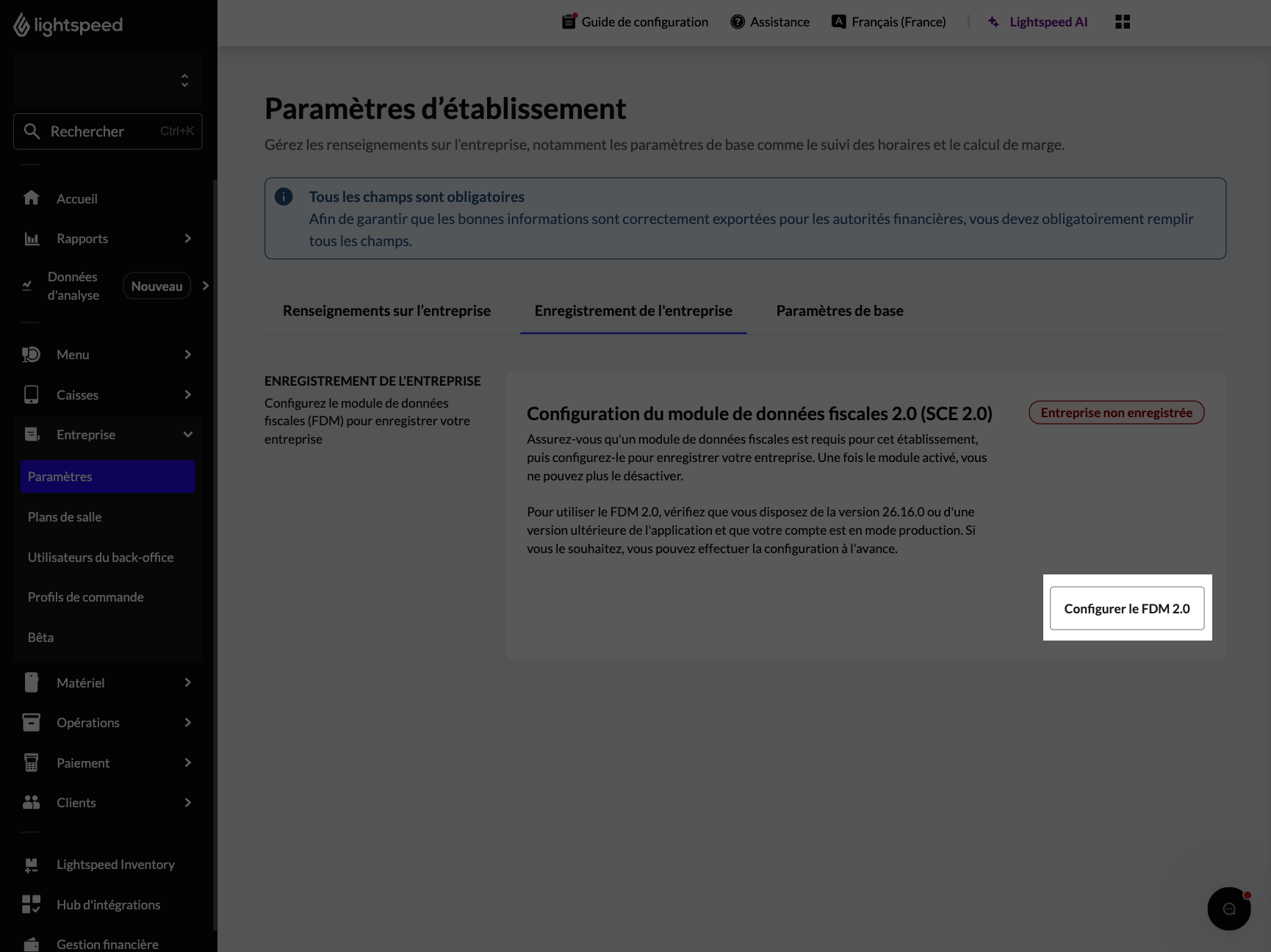 Le bouton 'Configurer le FDM 2.0' mis en surbrillance