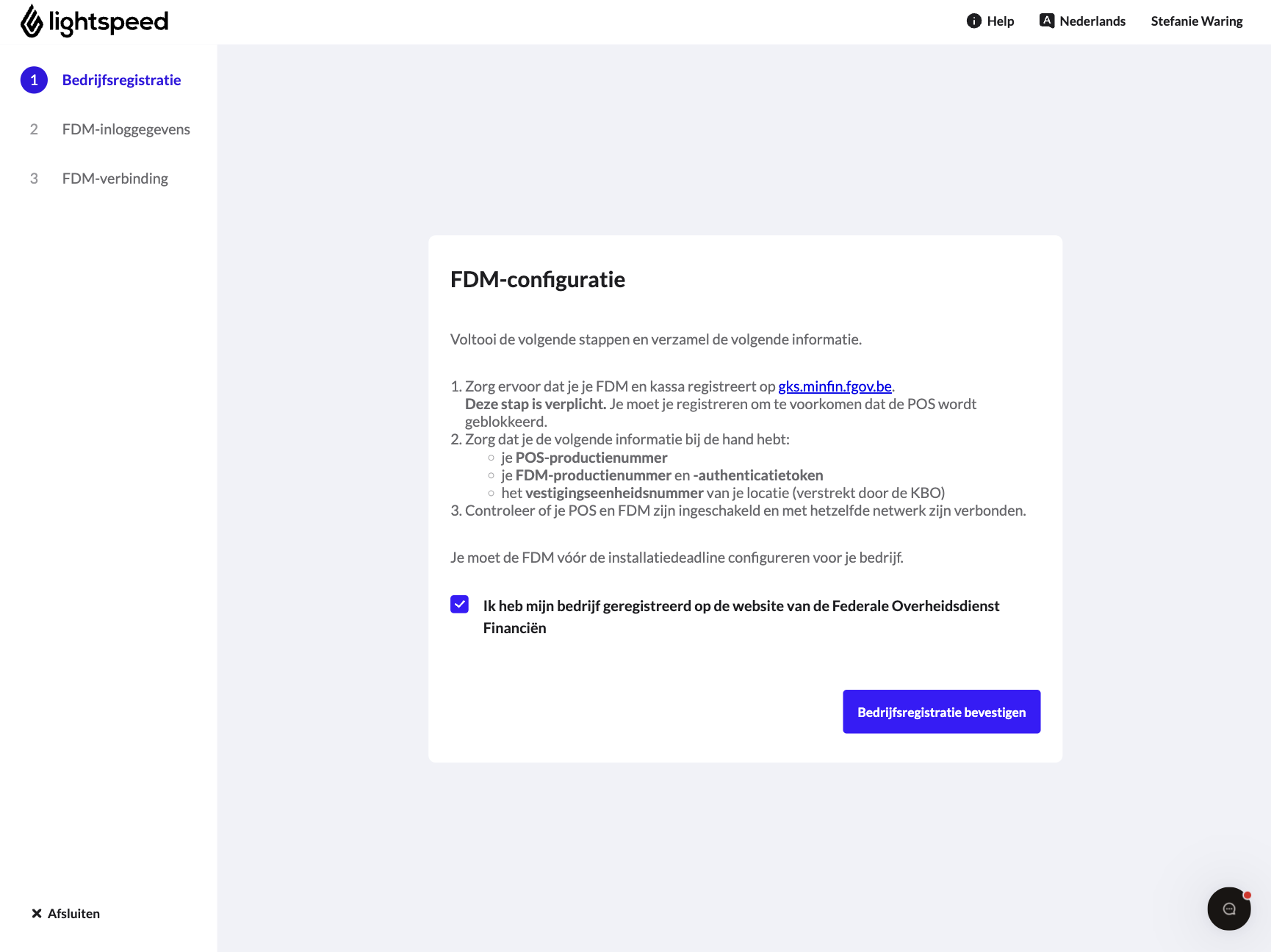 Het scherm met het selectievakje en de knop 'Bedrijfsregistratie bevestigen'