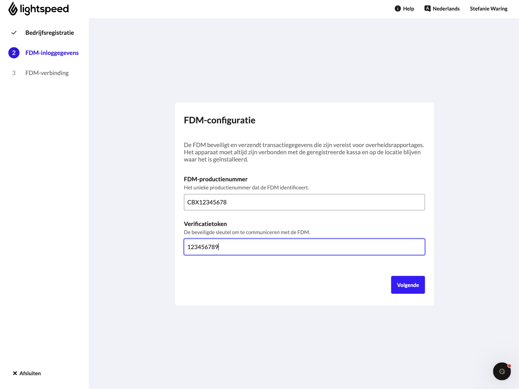 Het scherm voor FDM-productienummer en authenticatietoken