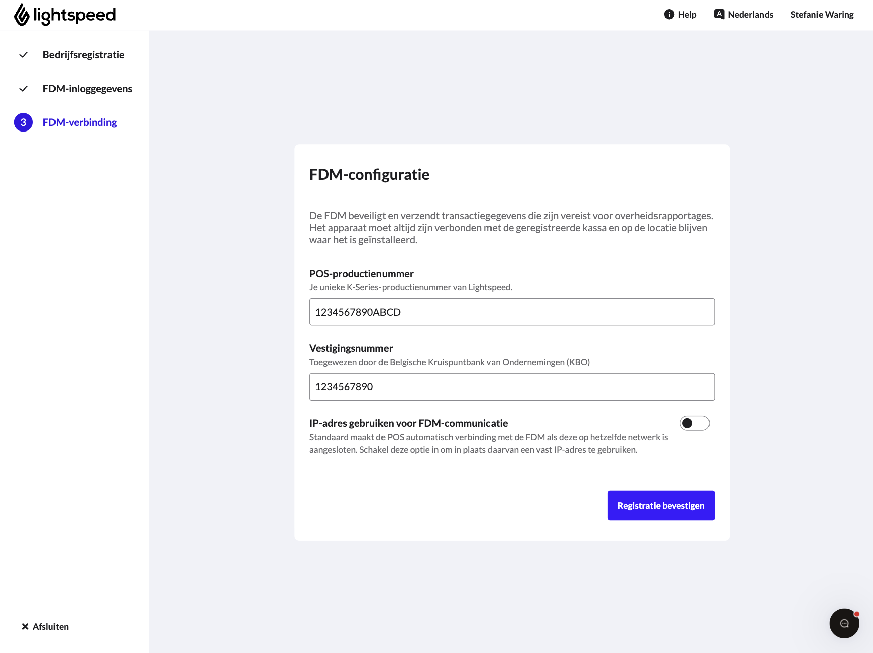 Het scherm met het POS-nummer, het vestigingsnummer en de knop Registratie bevestigen