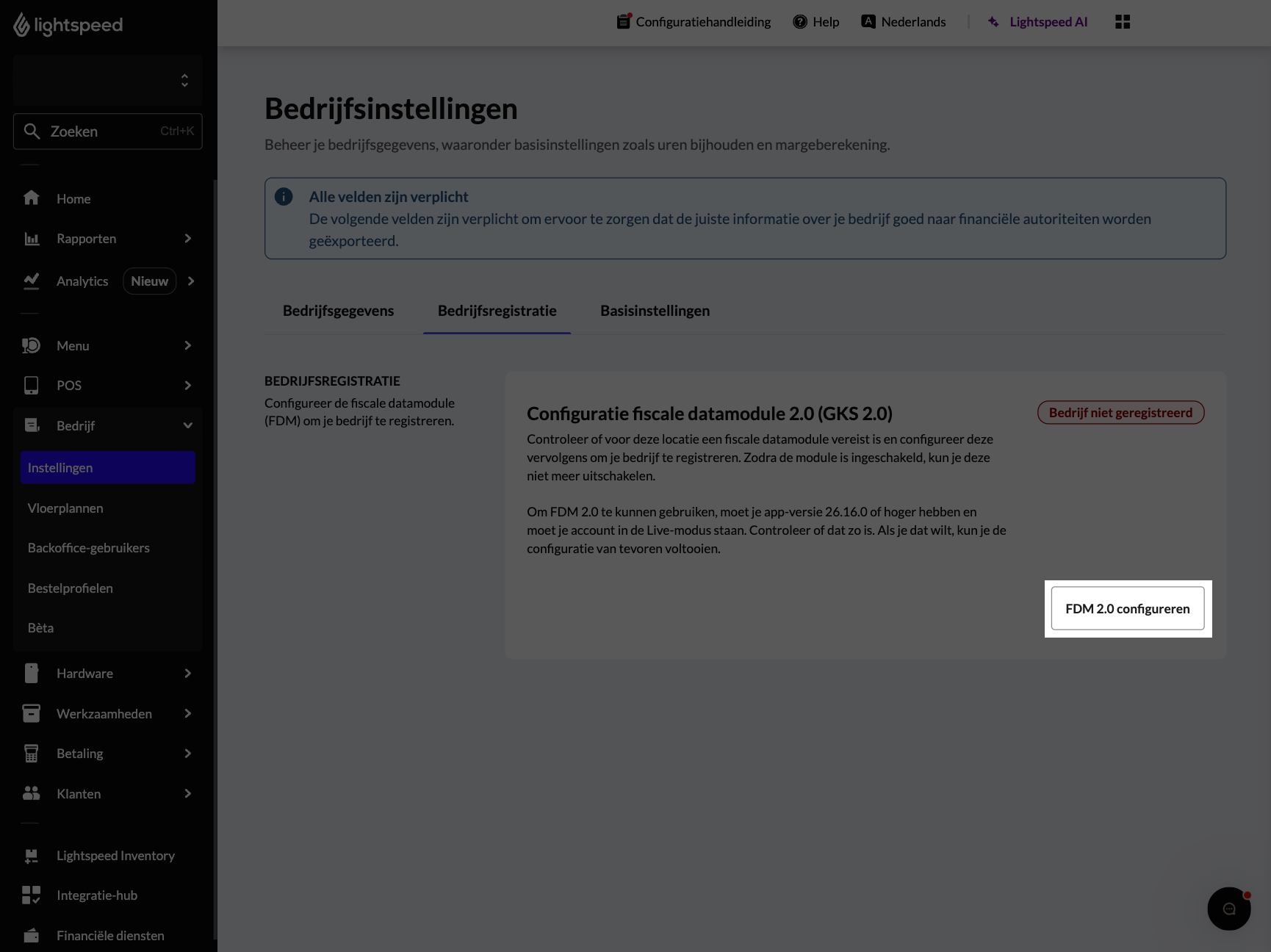 De knop 'FDM 2.0 instellen' is uitgelicht