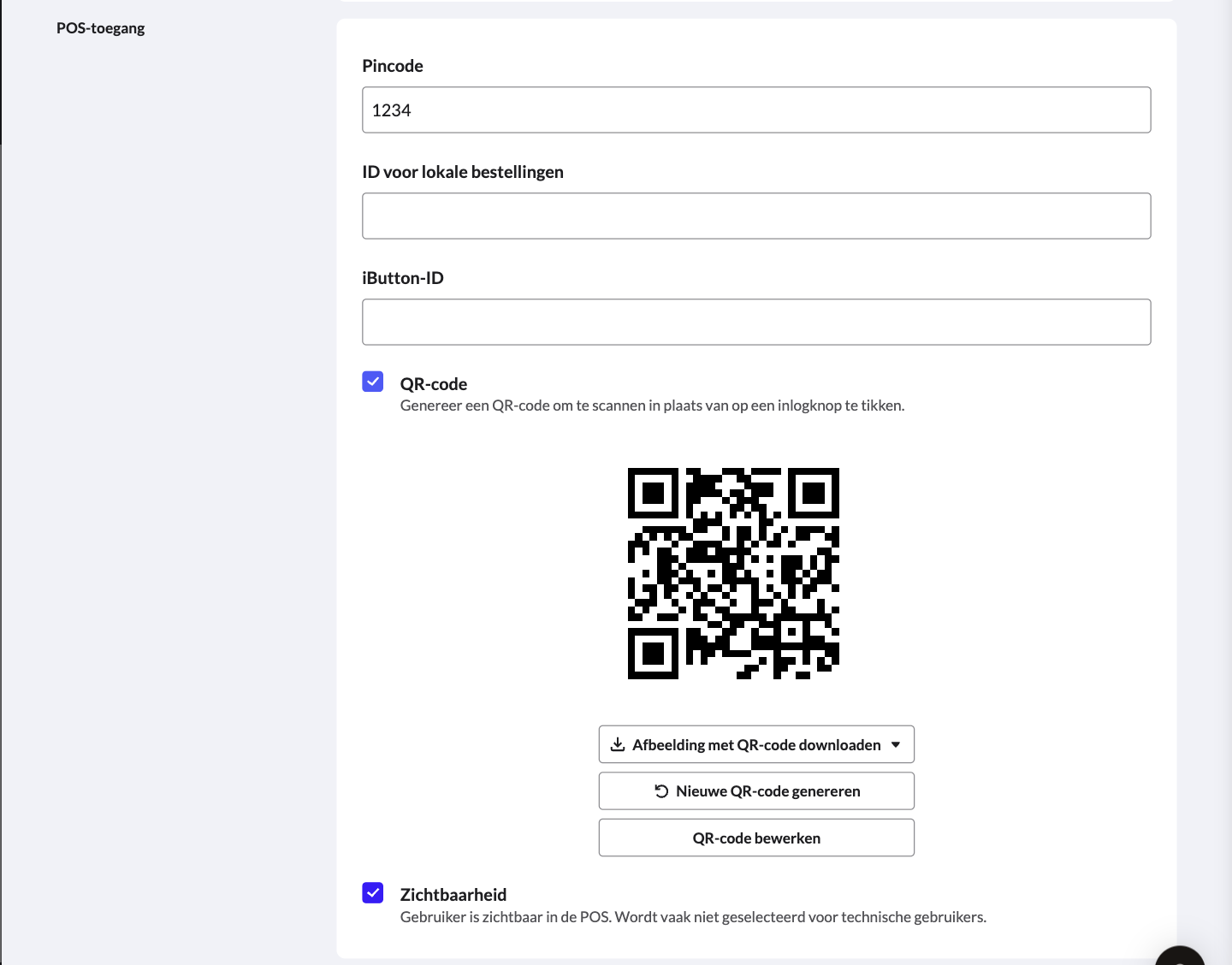 Een gegenereerde QR-code in de backoffice