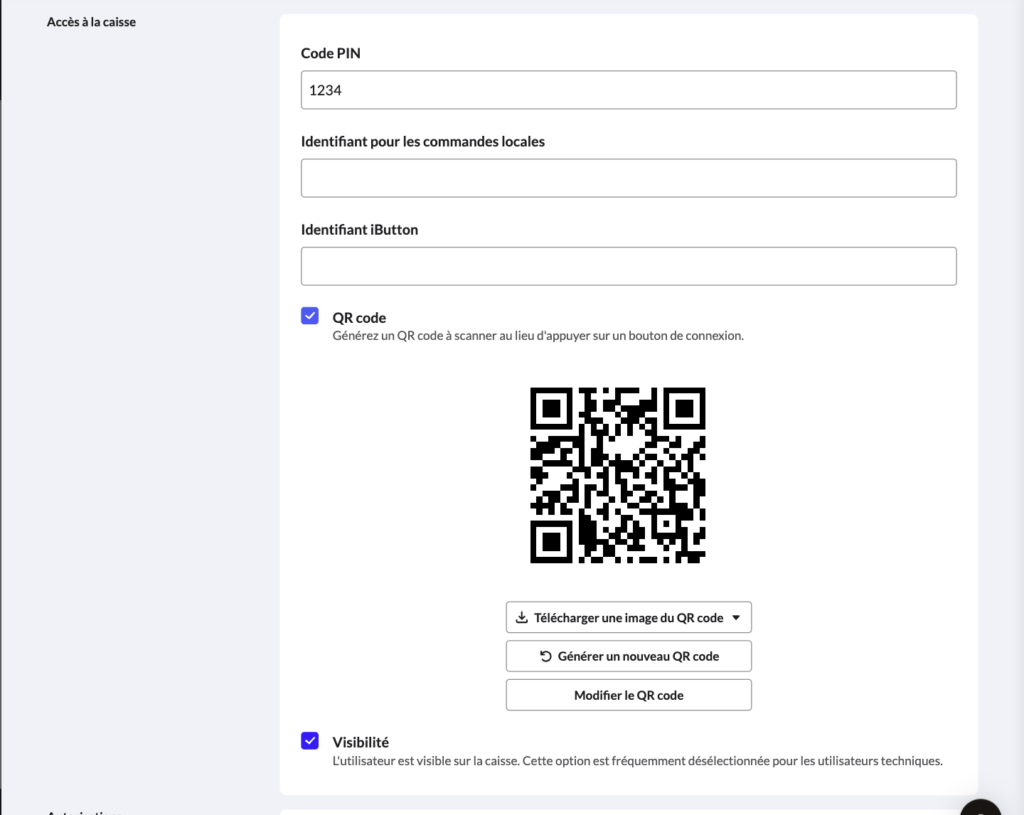 QR code généré dans le back-office