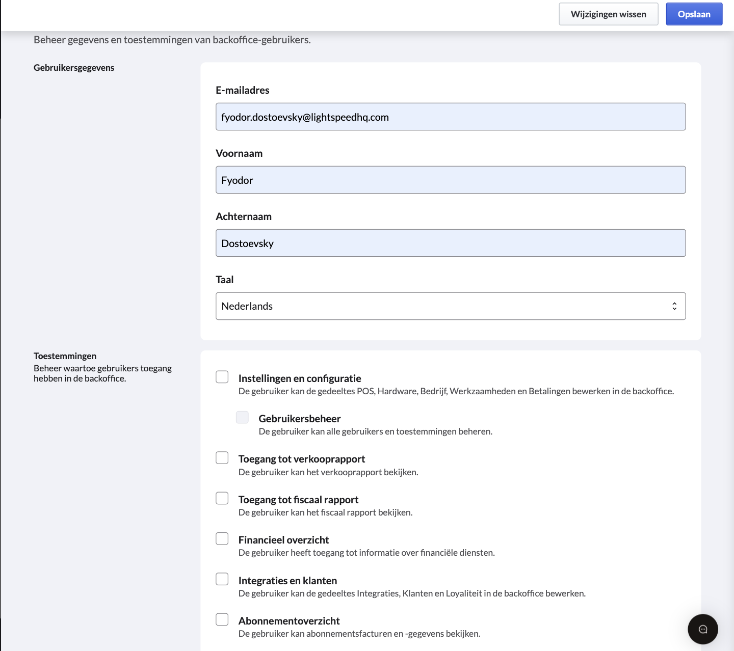Een voorbeeld van een nieuwe backoffice-gebruiker