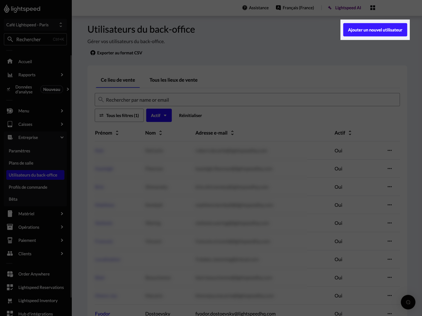 La page 'Utilisateurs du back-office' avec le bouton 'Ajouter un nouvel utilisateur' mis en surbrillance