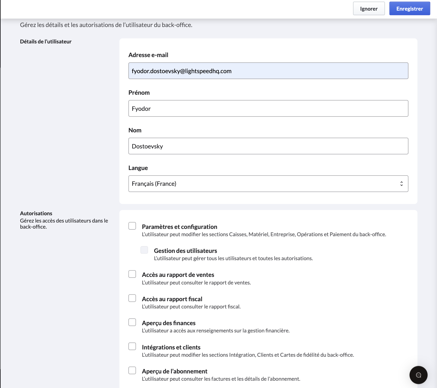 Exemple d’un nouvel utilisateur du back-office