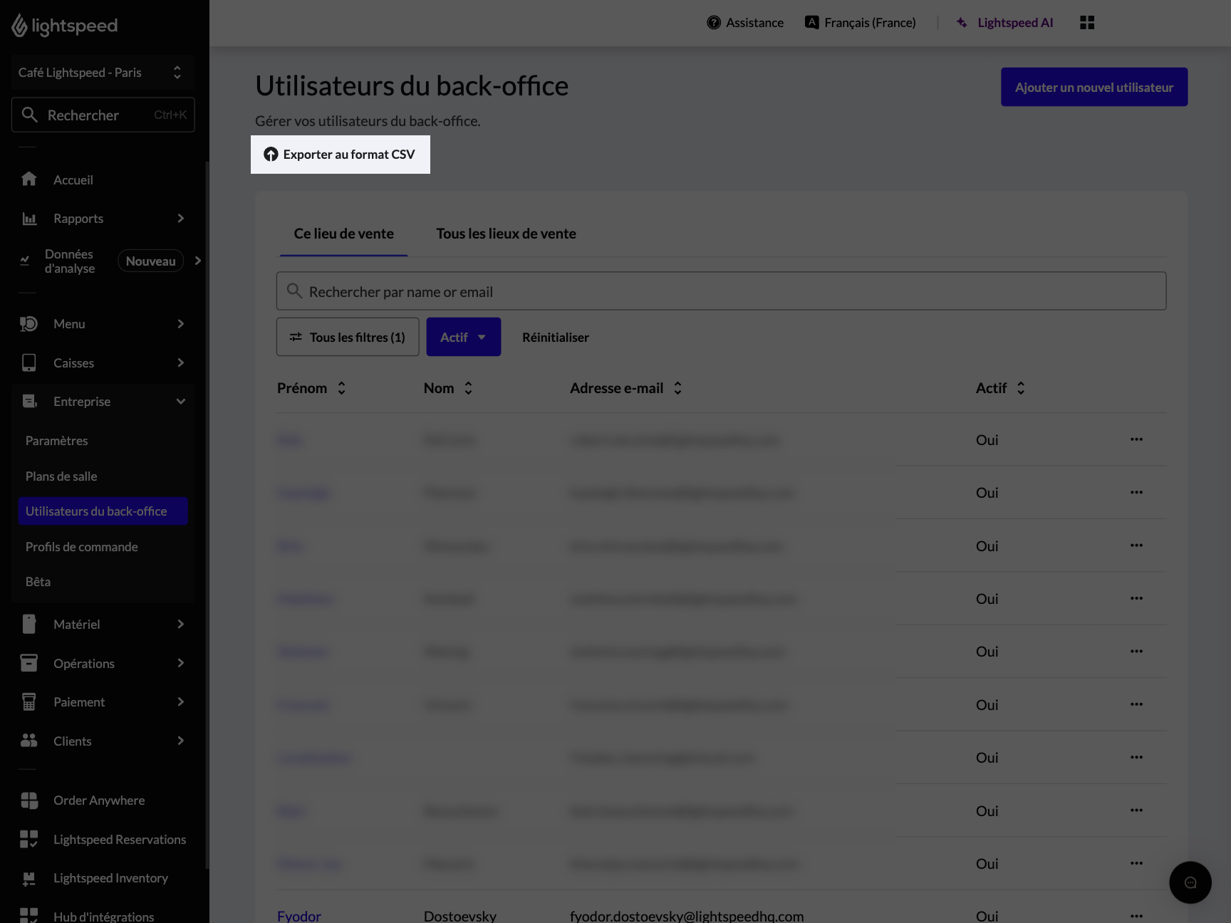 Le bouton 'Exporter au format CSV' mis en surbrillance