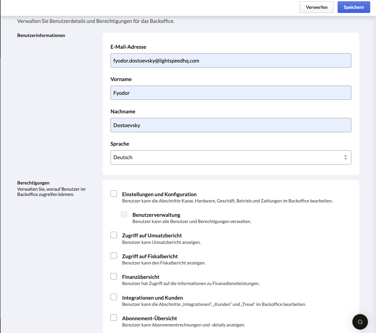 Ein Beispiel für einen neuen Back Office-Benutzer