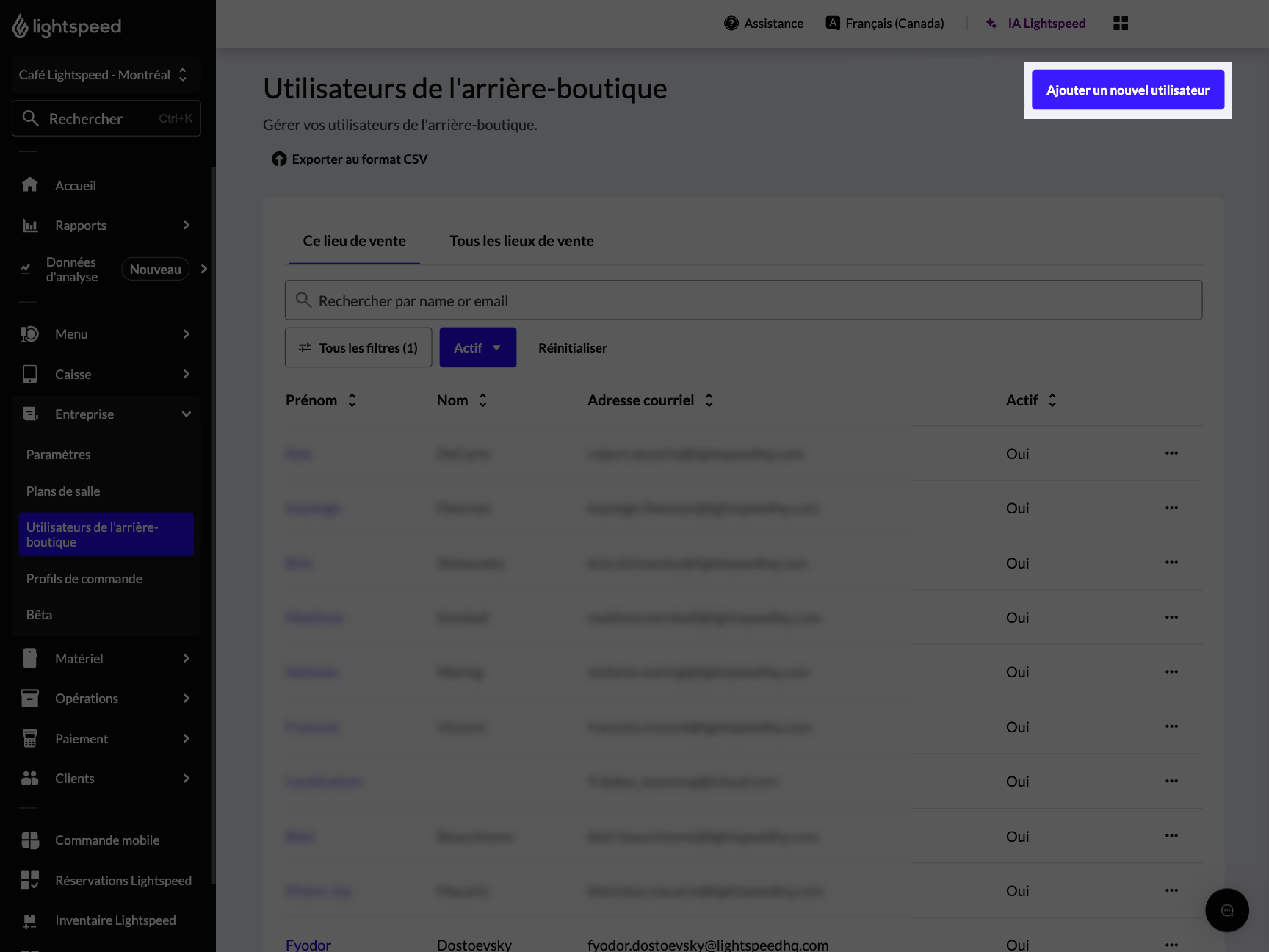 La page 'Utilisateurs de l'arrière-boutique' avec le bouton 'Ajouter un nouvel utilisateur' mis en surbrillance