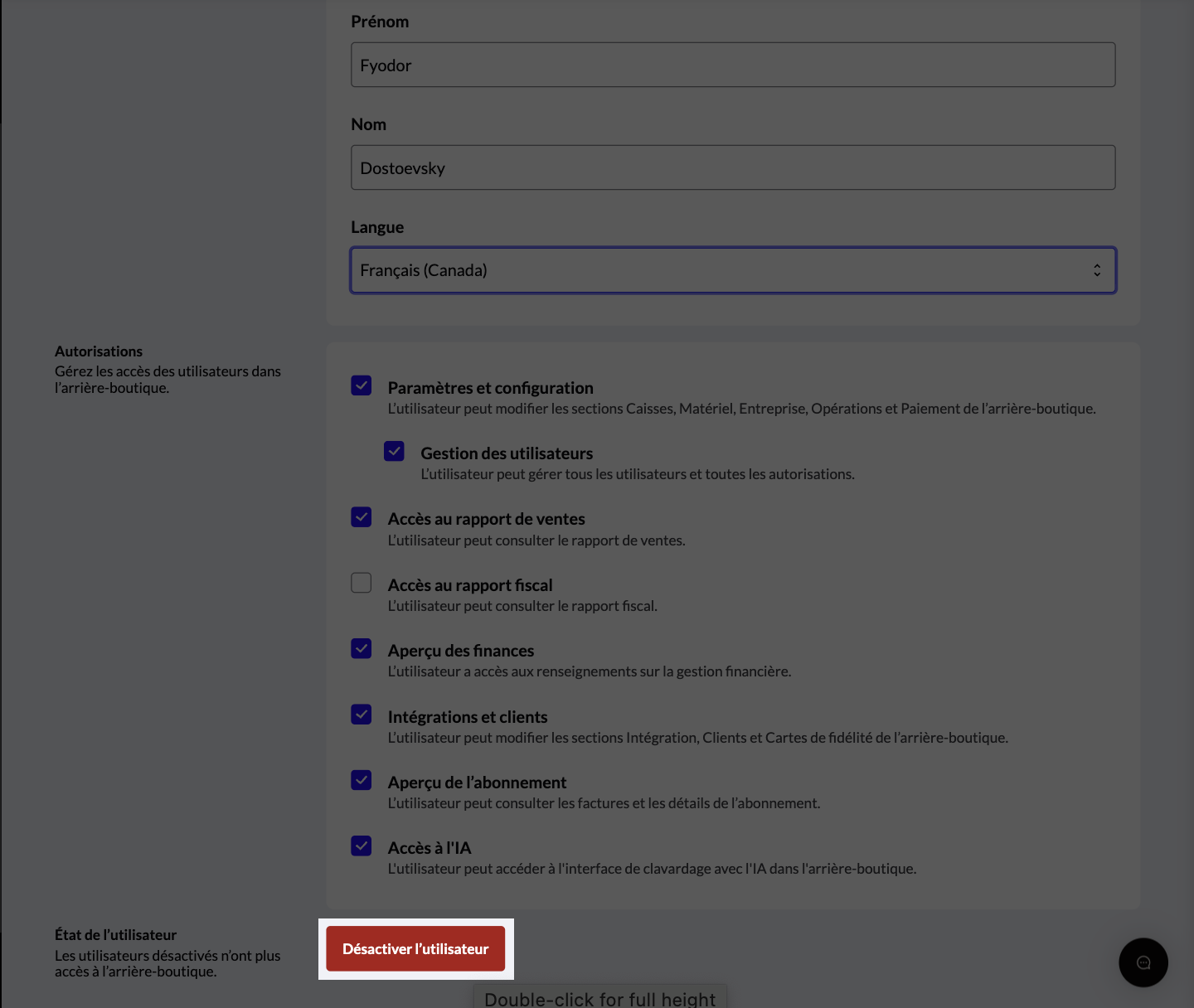 Le bouton 'Désactiver l'utilisateur' mis en surbrillance