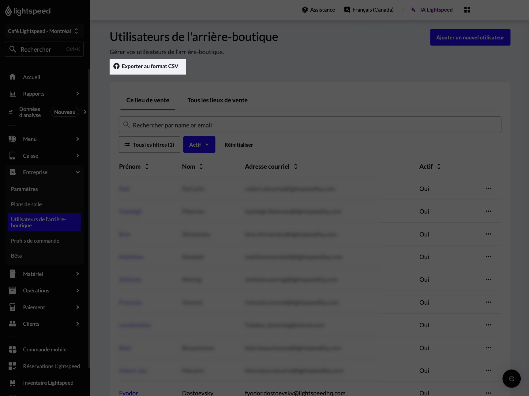 Le bouton 'Exporter au format CSV' mis en surbrillance