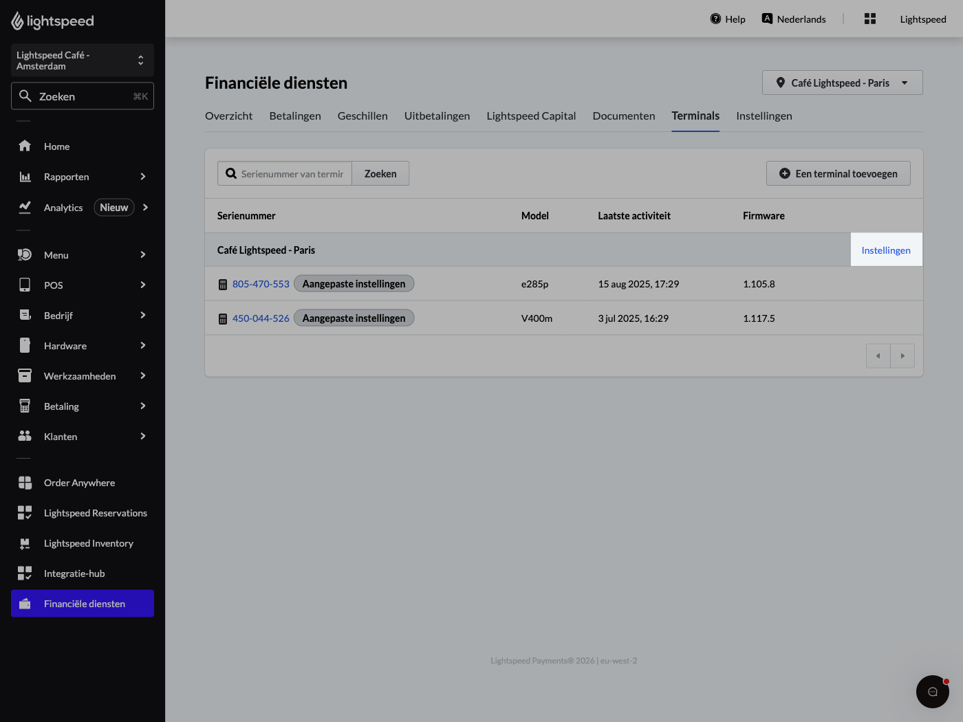 Dit is een afbeelding van de terminalpagina in de Lightspeed-backoffice. De knop 'Instellingen' is gemarkeerd.