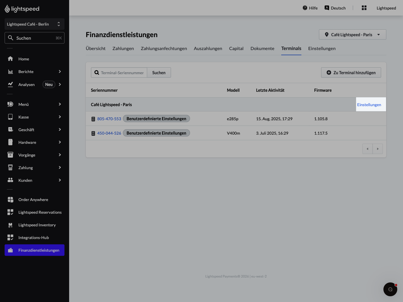 Das Bild zeigt die Terminalseite im Lightspeed Backoffice. Die Schaltfläche „Einstellungen“ ist hervorgehoben