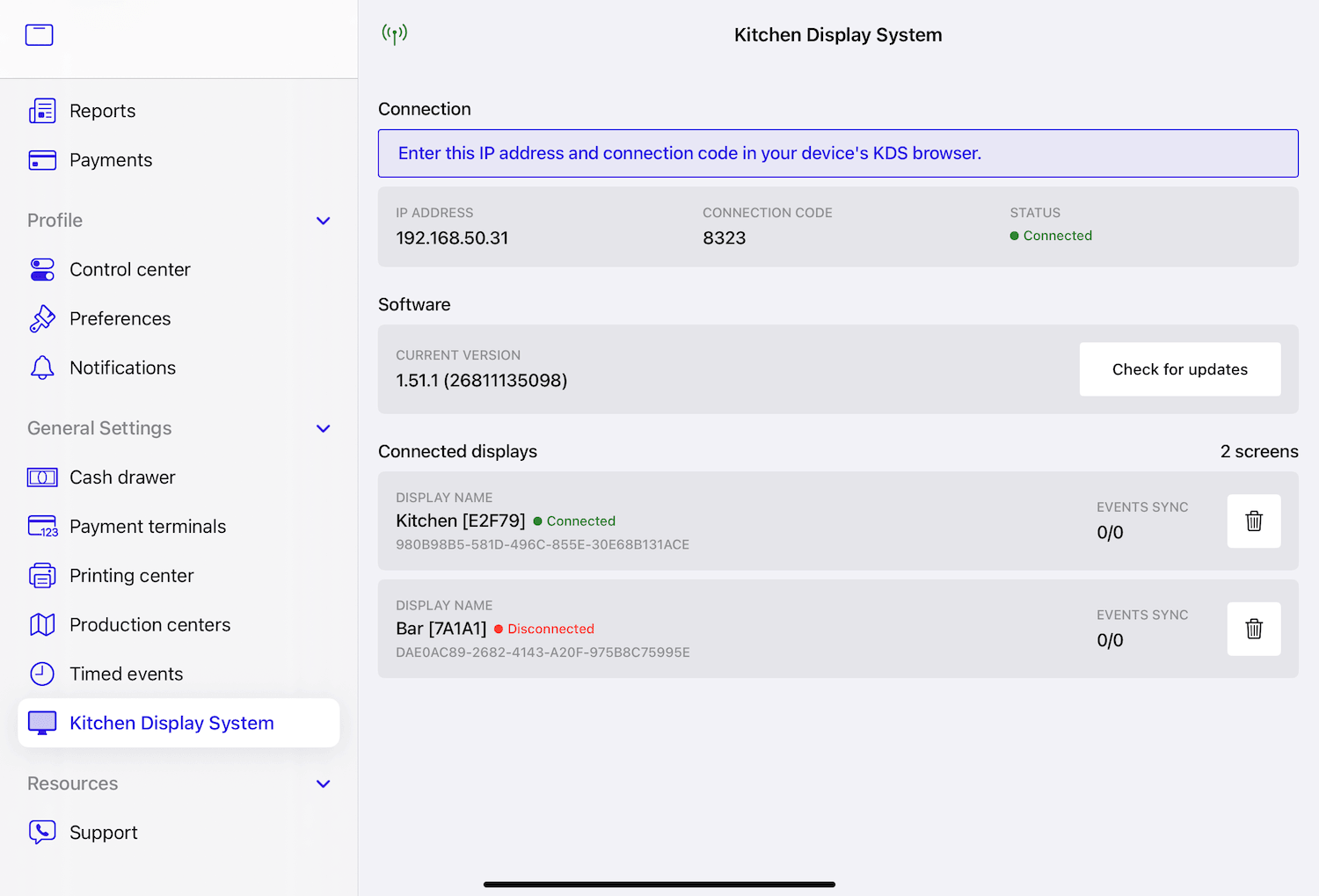 The 'Kitchen Display System' section of POS app settings