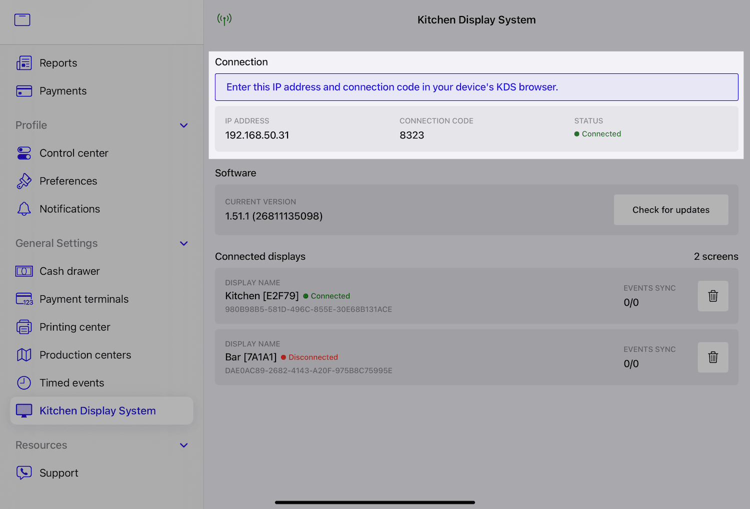The 'Kitchen Display System' section of POS app settings with IP address, connection code, and status highlighted