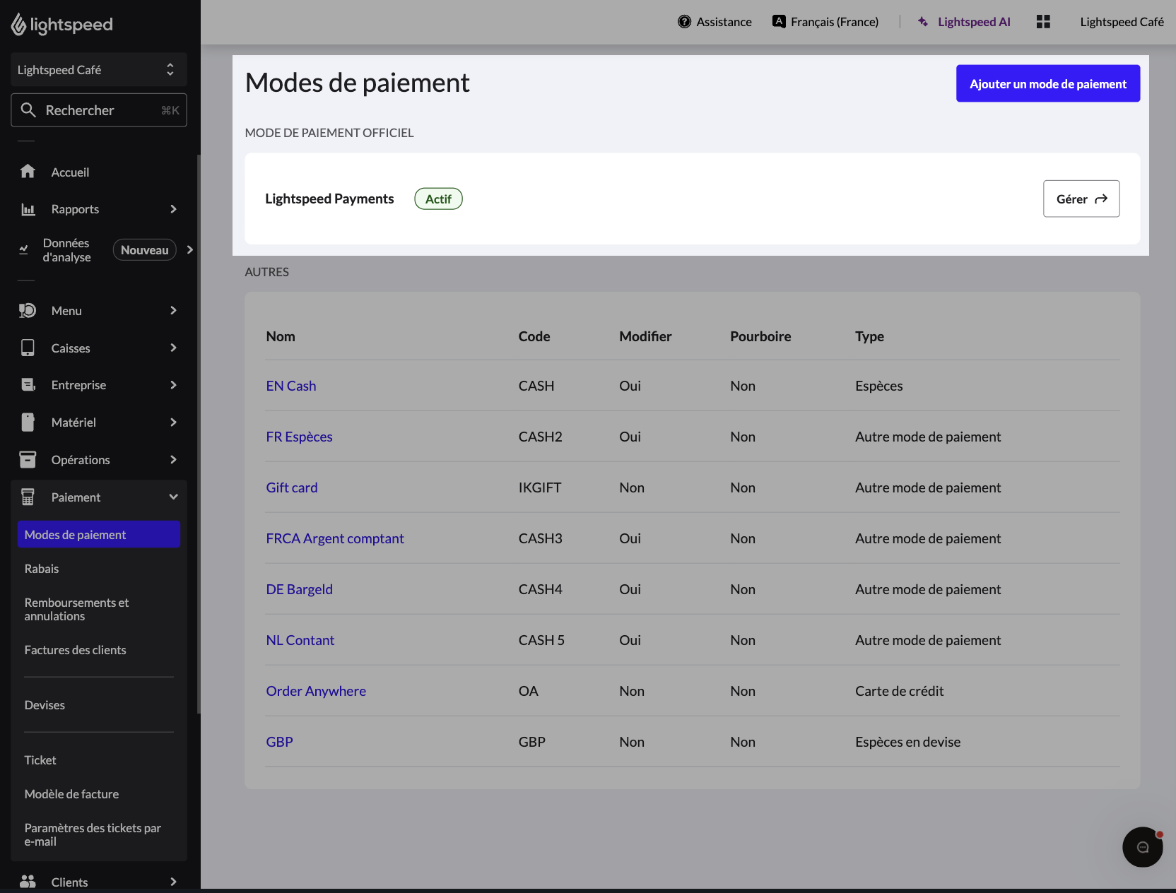 L’image présente la page Modes de paiement dans Lightspeed Restaurant. Le mode de paiement Lightspeed Payments est mis en évidence.