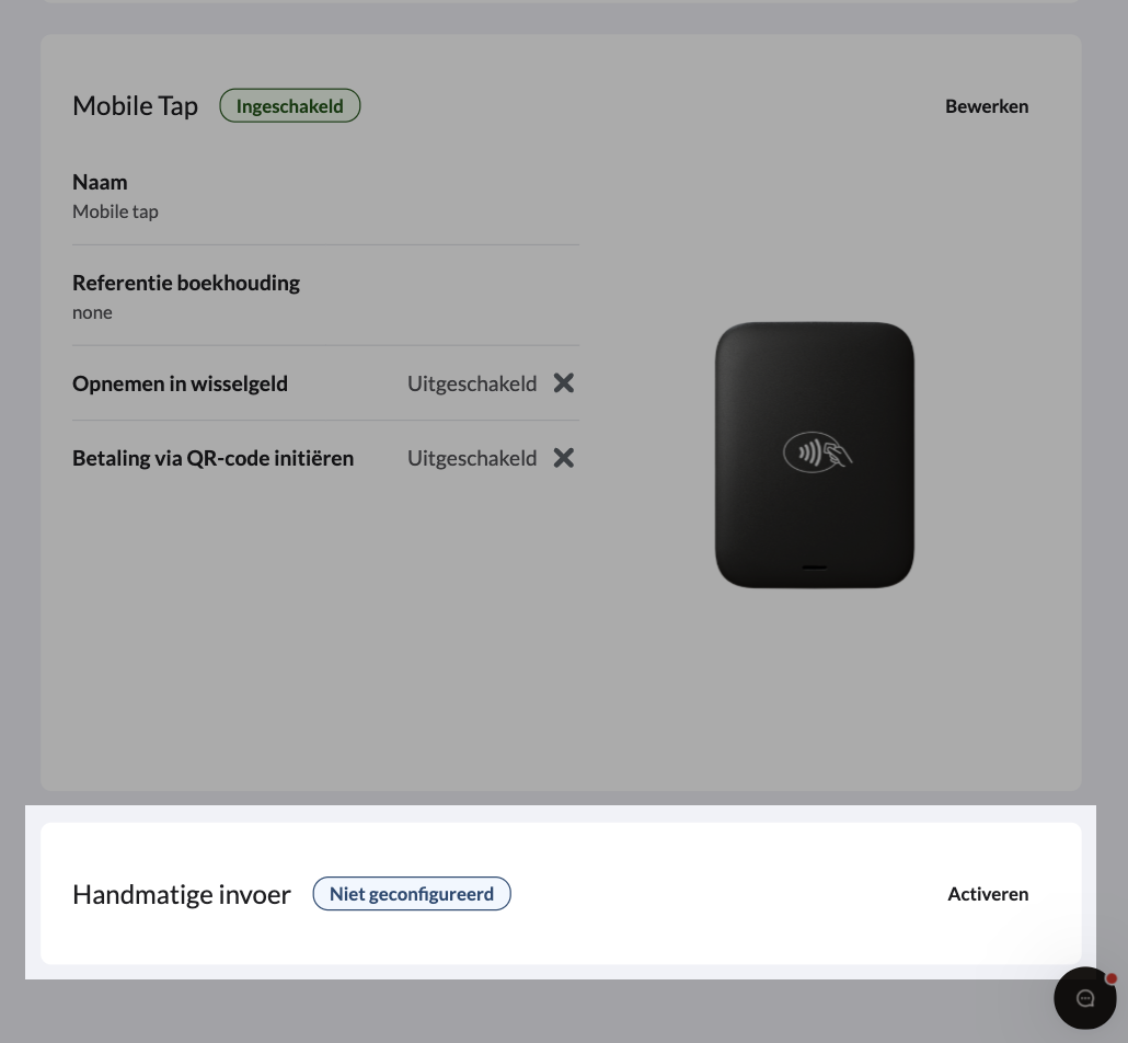 In de afbeelding wordt de Lightspeed Payments-pagina Betaalmethoden in de backoffice van Lightspeed Restaurant weergegeven. De instelling "Handmatig invoeren" is uitgelicht.