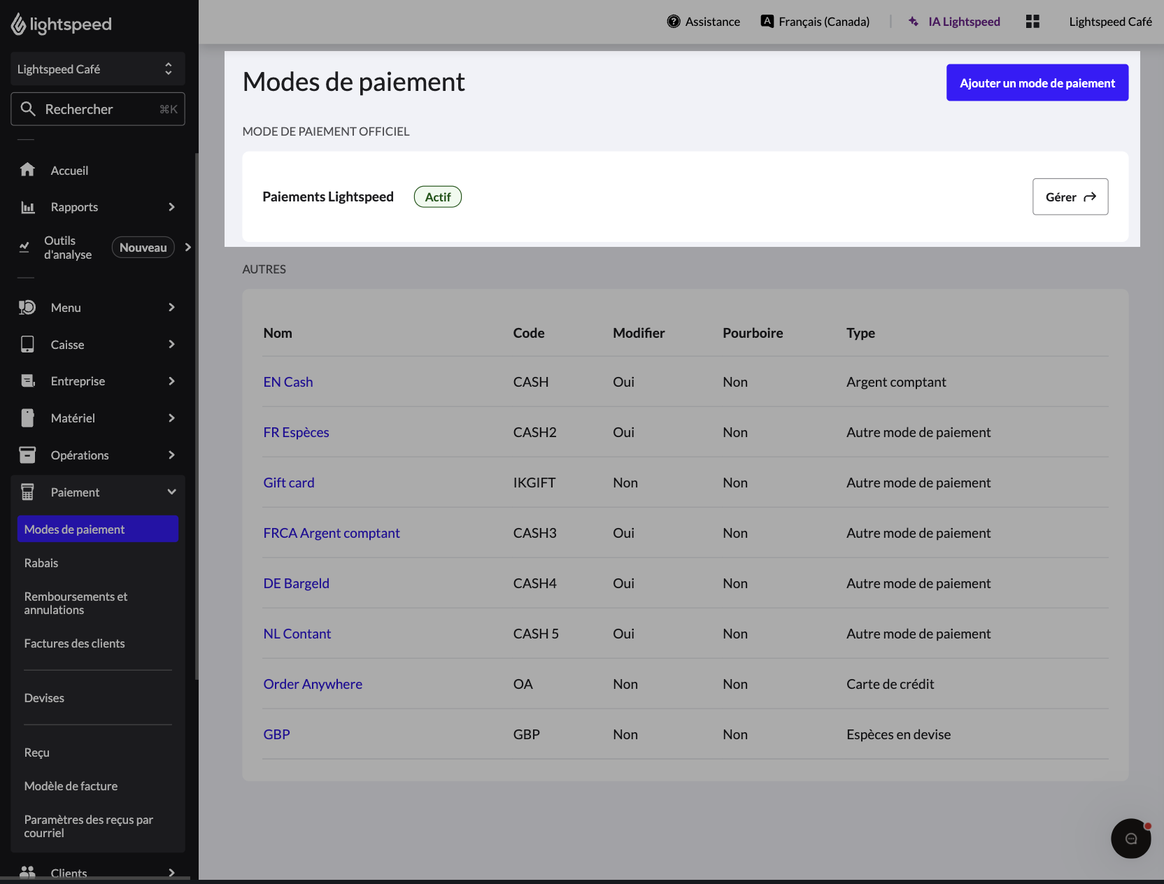 L’image présente la page Modes de paiement dans Lightspeed restaurateurs. Le mode de paiement Paiements Lightspeed est mis en évidence.