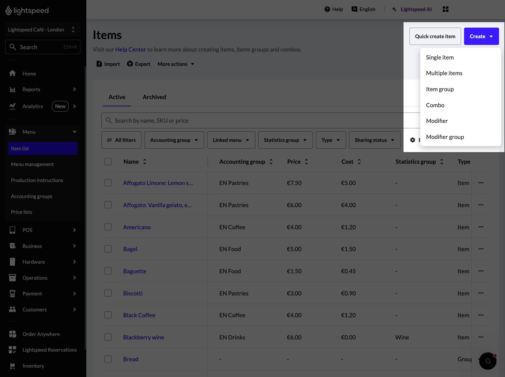 The Create dropdown highlighted