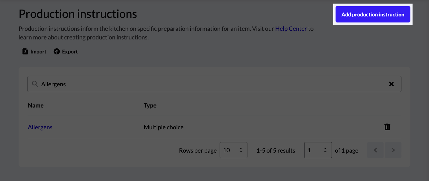 Production instructions with Add production instruction button highlighted