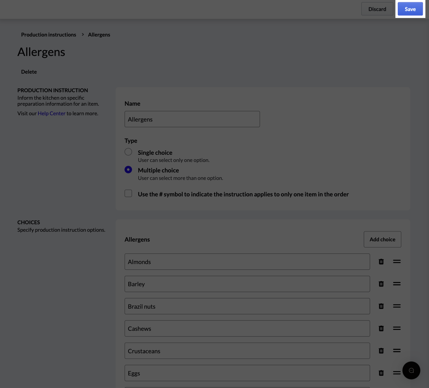 New production instructions with Save button highlighted