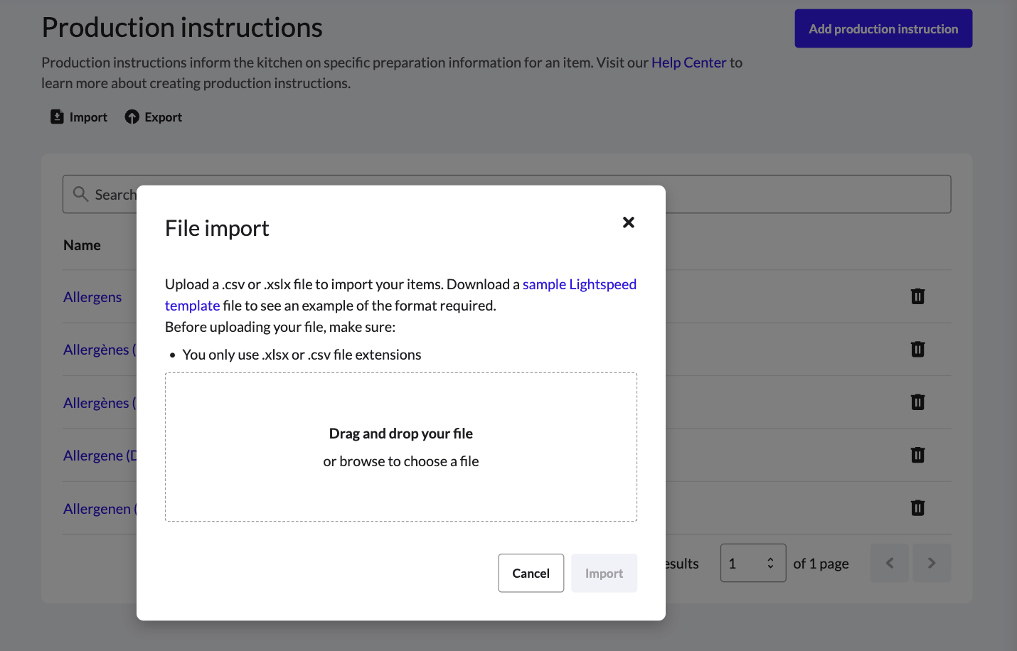 Production instructions file import pop-up window