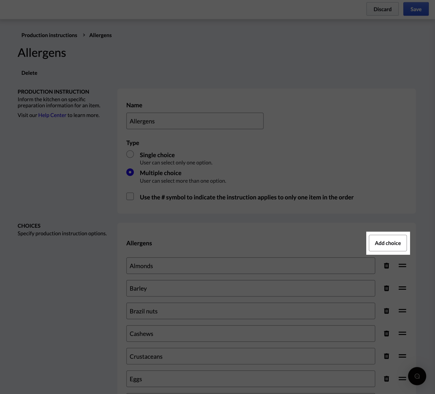 New production instructions with Add choice button highlighted