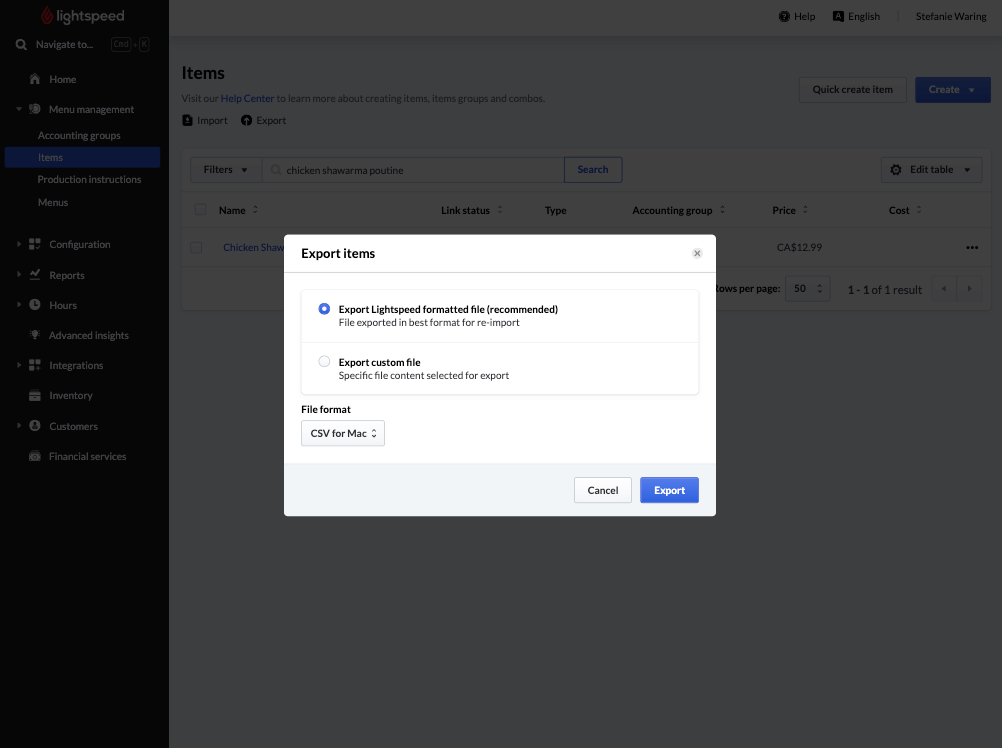 L'écran du format d'exportation dans la liste des articles du menu