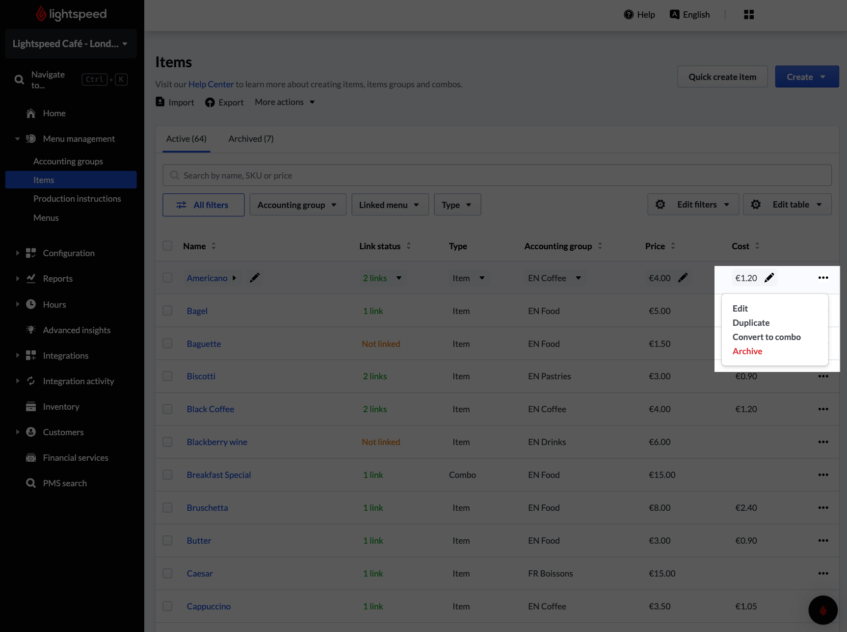 L'option Modifier pour les articles dans Lightspeed Restaurant