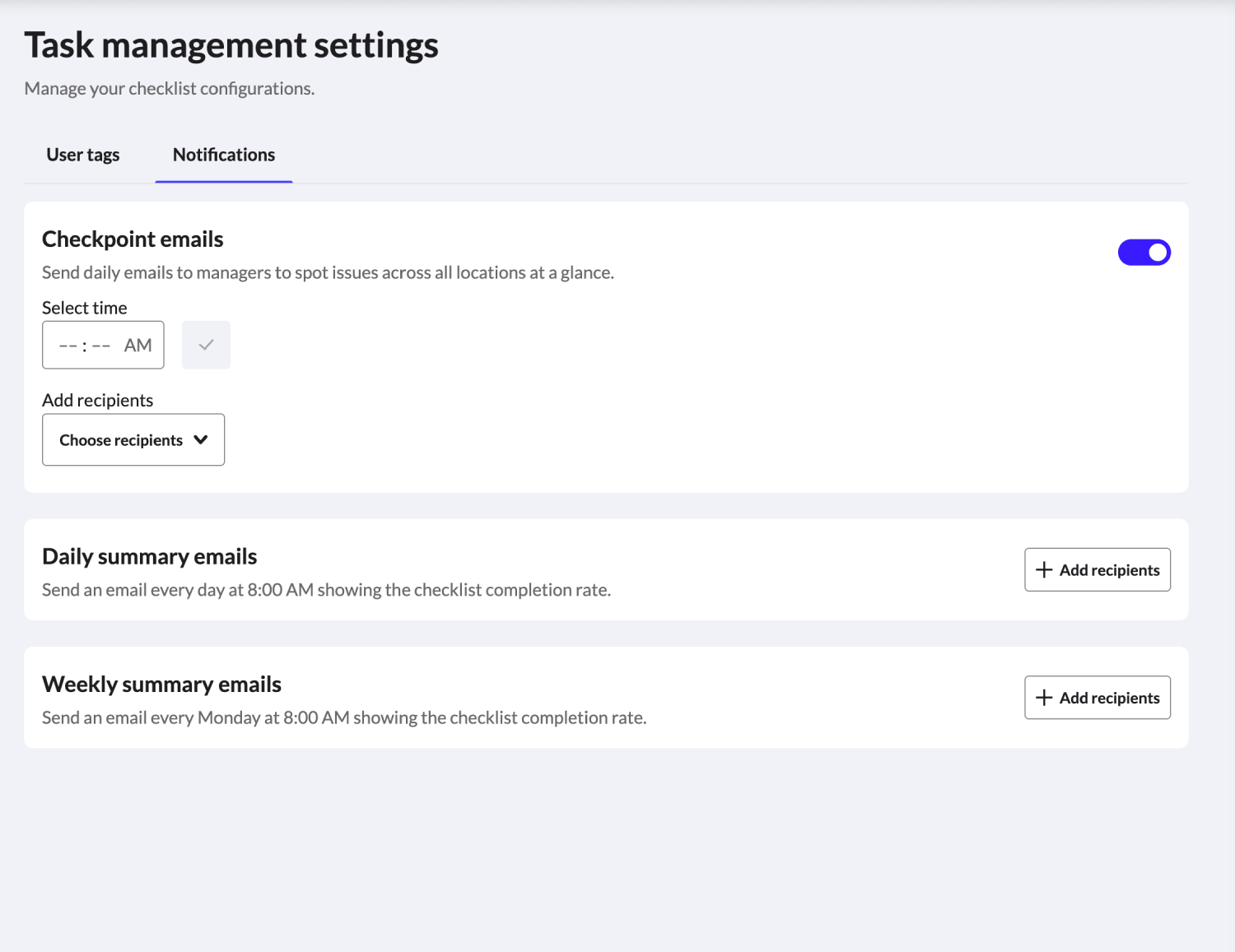 Page Paramètres de gestion des tâches avec l'onglet 'Notifications' sélectionné