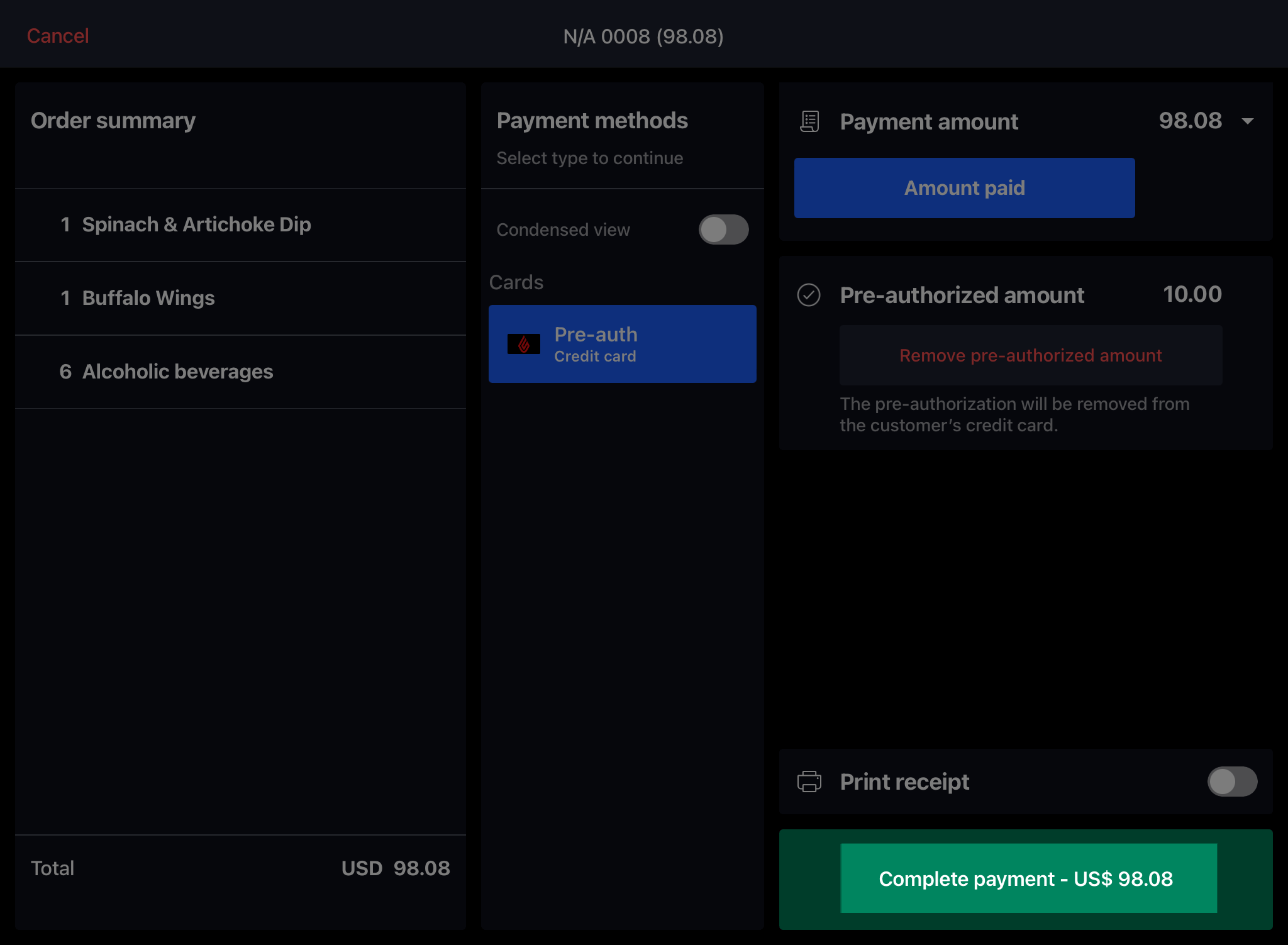 Écran de paiement d’une note, le bouton Terminer le paiement est mis en évidence.