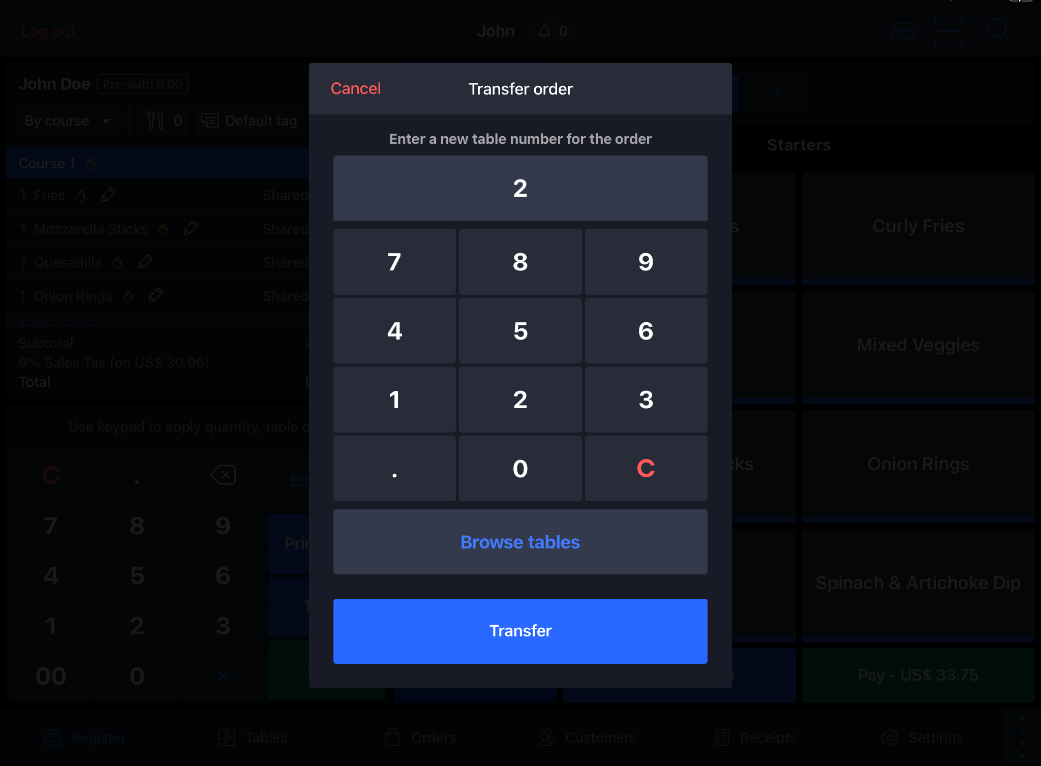 Invite Transférer à une autre table, un numéro de table a été saisi.