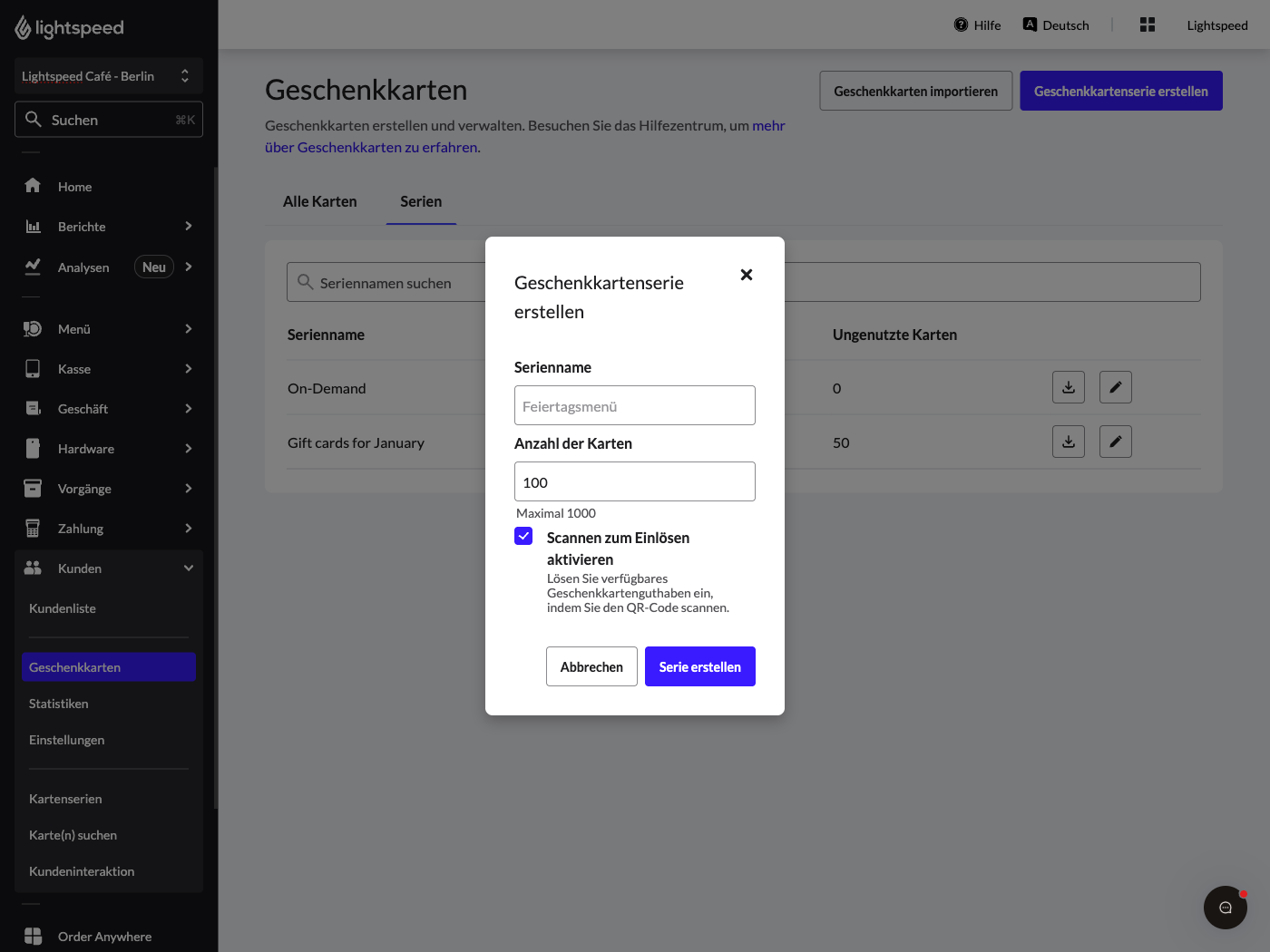 Die Geschenkkartenseite im Lightspeed Restaurant Backoffice. Eine Schaltfläche mit dem Namen „Geschenkkartenserie erstellen“ ist hervorgehoben.