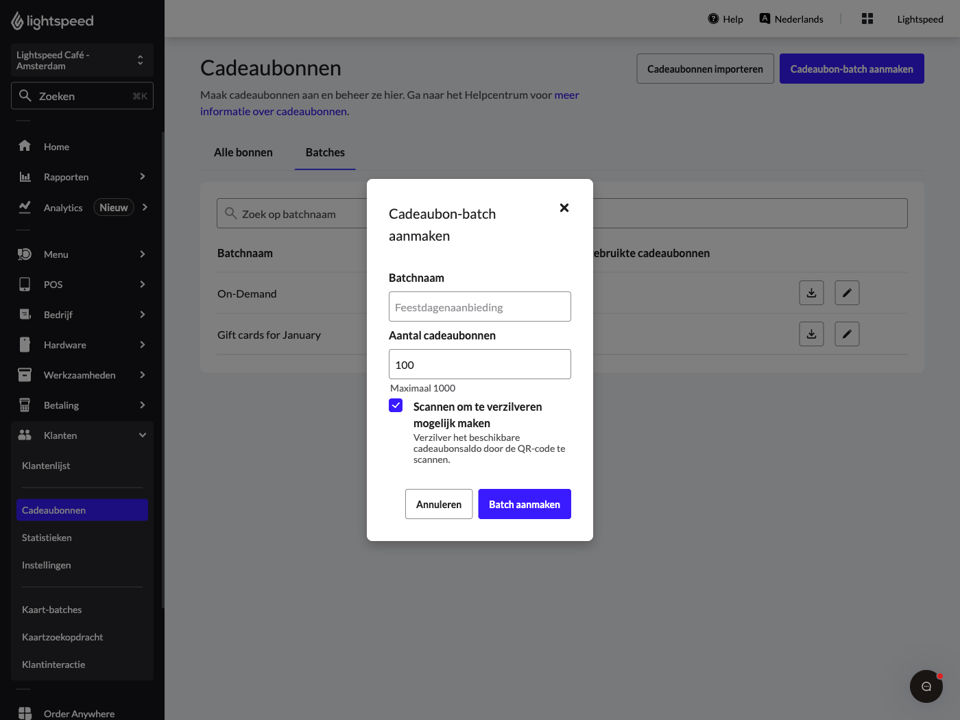 De cadeaubonnenpagina in Lightspeed Restaurant Back Office. Er is een venster gemarkeerd met de naam 'Cadeaubon-batch aanmaken'.