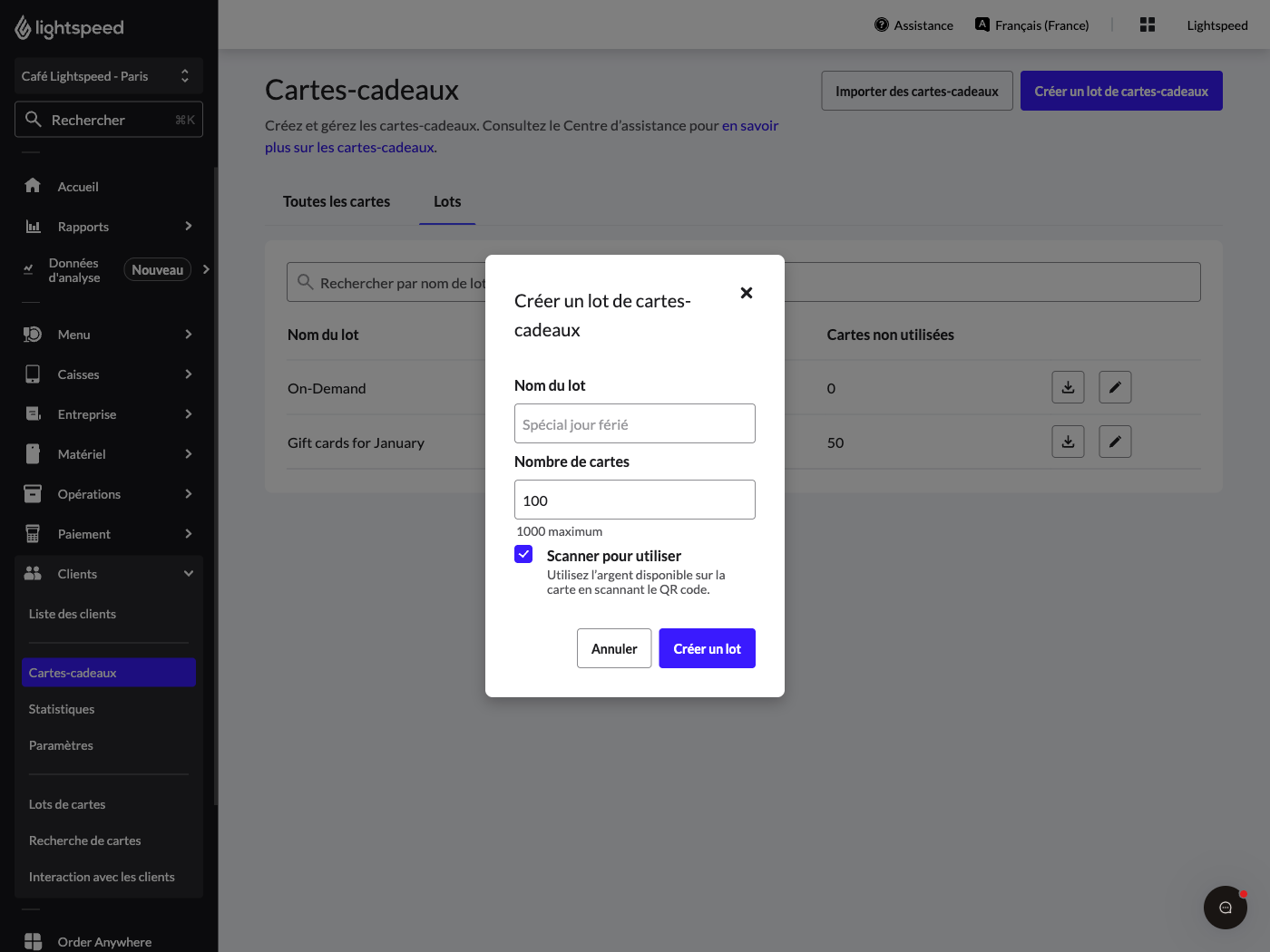 Page des cartes-cadeaux du back-office Lightspeed Restaurant. Une fenêtre contextuelle intitulée Créer un lot de cartes-cadeaux est mise en évidence.