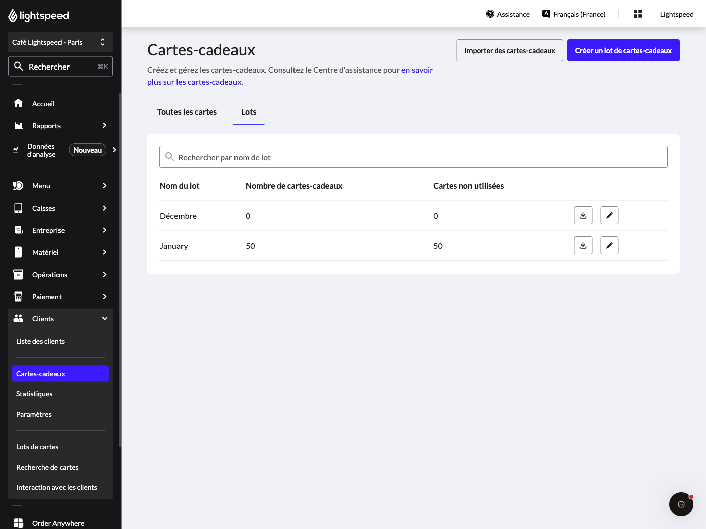 Page des cartes-cadeaux du back-office Lightspeed Restaurant. L’onglet Lots est visible.