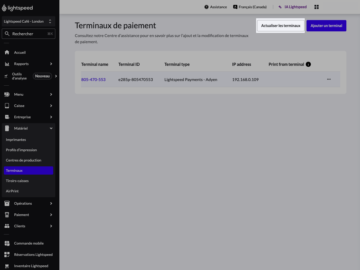 Page des terminaux de Lightspeed restaurateurs, le bouton Actualiser les terminaux est mis en évidence.