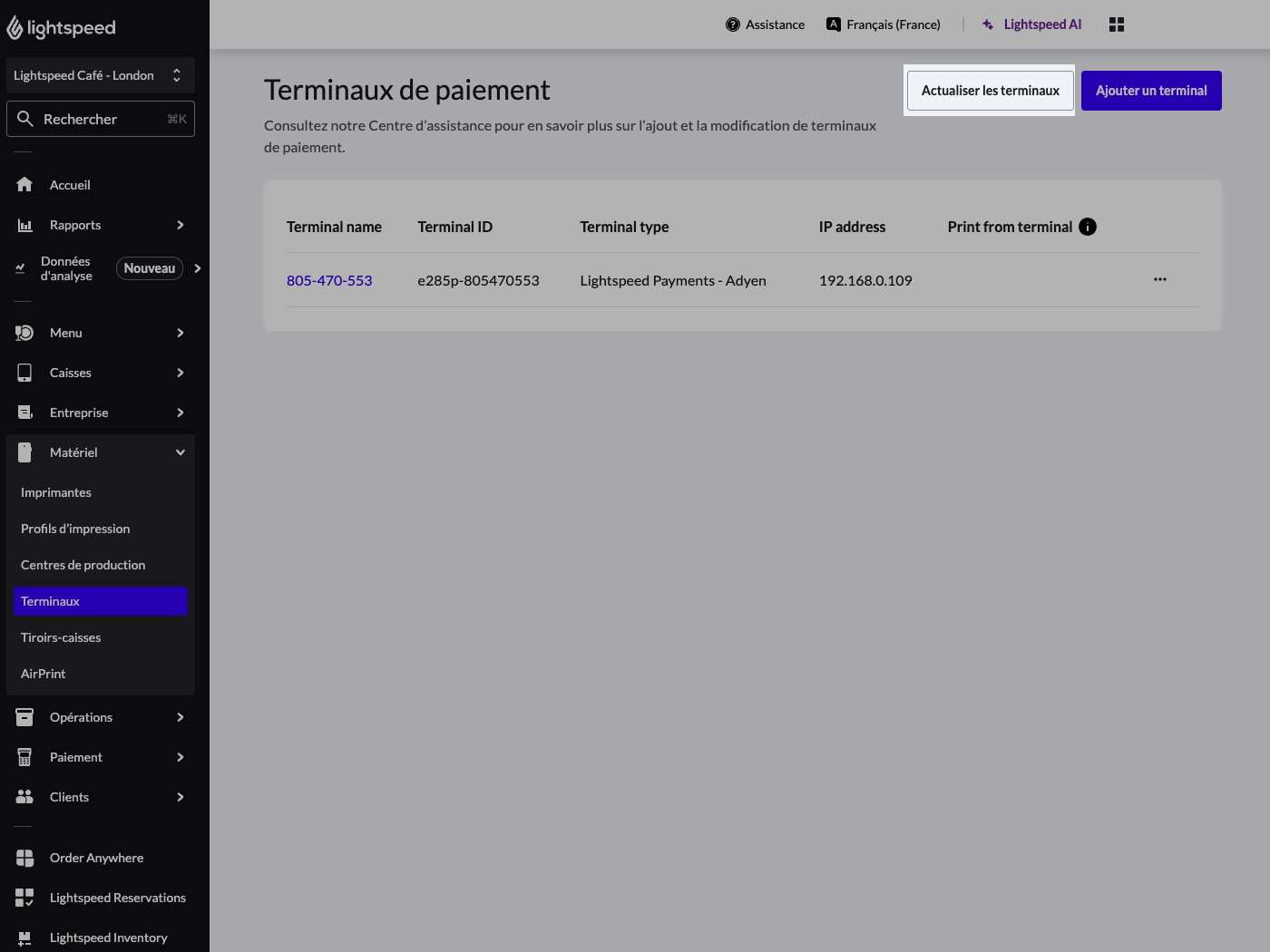 Page des terminaux de Lightspeed Restaurant, le bouton Actualiser les terminaux est mis en évidence.