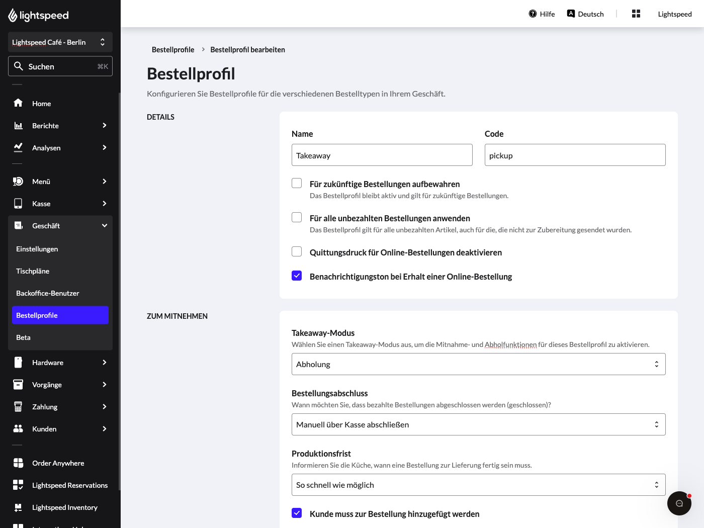 The edit Order Profiles page in Lightspeed Back Office.