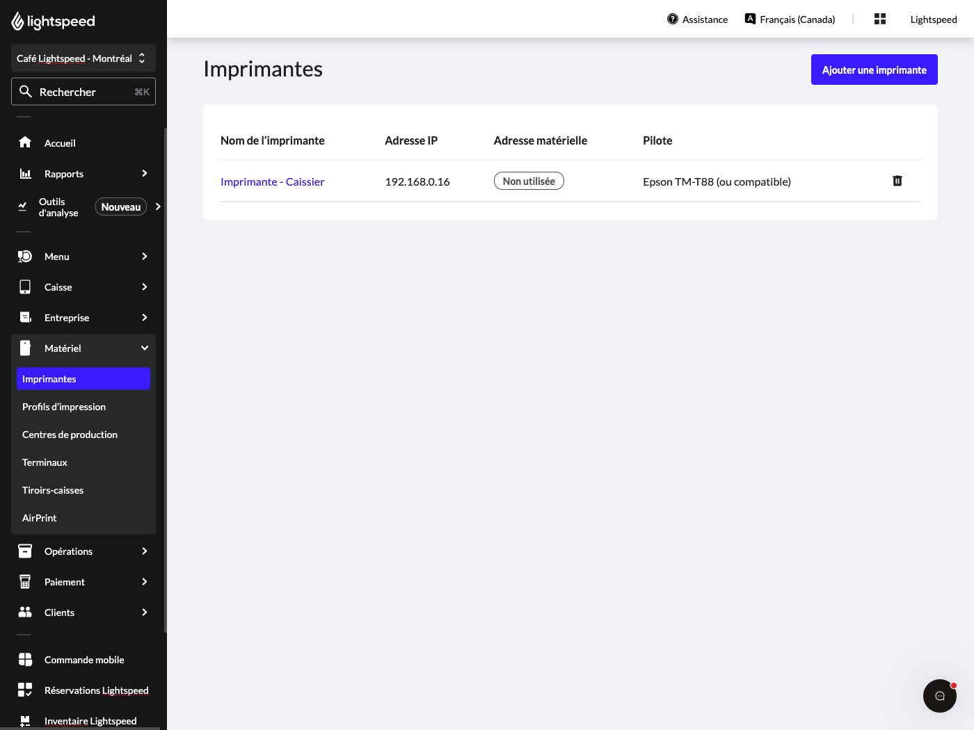 Page de configuration de l’imprimante dans l’arrière-boutique Lightspeed