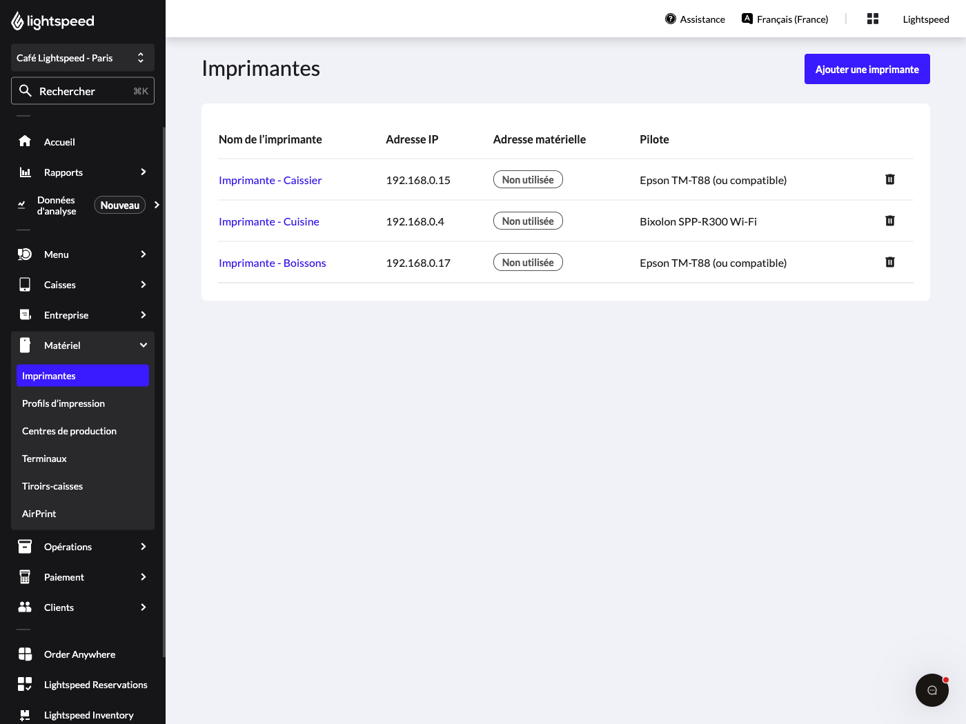 Page de configuration de l’imprimante sur le back-office Lightspeed.