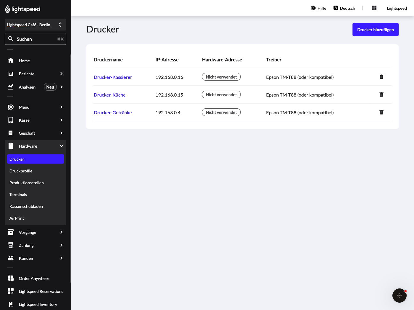 Die Druckerkonfigurationsseite im Lightspeed Backoffice.