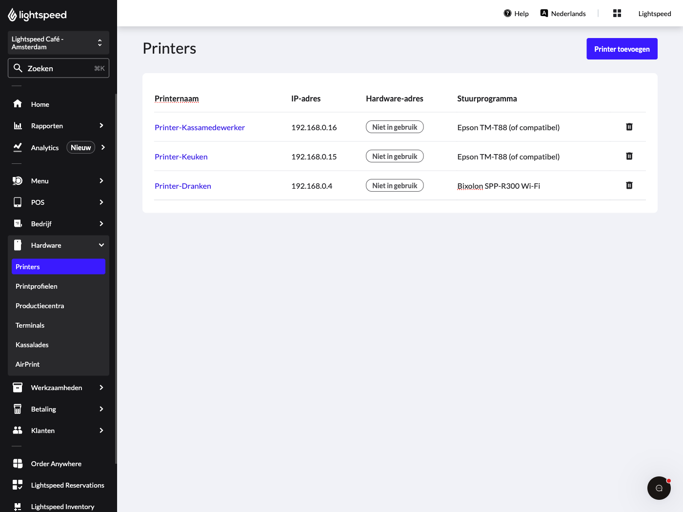 De printerconfiguratiepagina in de Lightspeed-backoffice