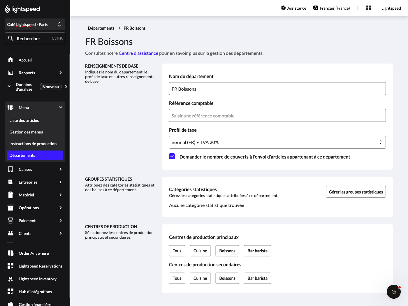 Page de modification des renseignements d’un département dans le back-office Lightspeed. La section Centres de production est mise en évidence.