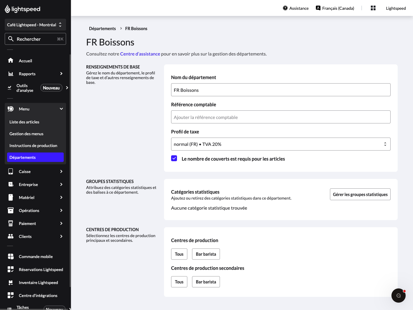 Page de modification des renseignements d’un département dans l’arrière-boutique Lightspeed. La section Centres de production est mise en évidence.