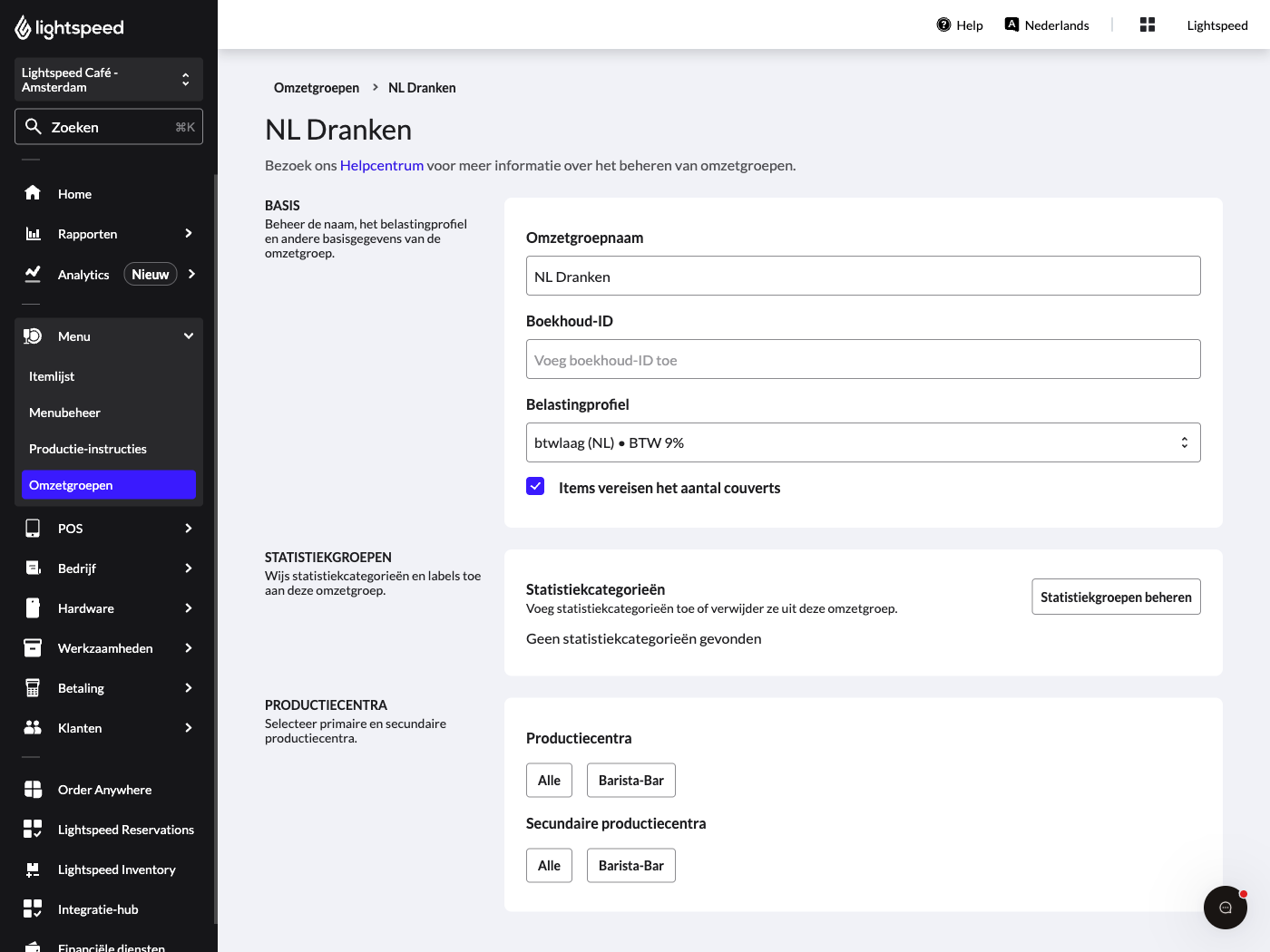 De pagina om gegevens te bewerken van een boekhoudgroep in de Lightspeed-backoffice. Het gedeelte 'Productiecentra' is gemarkeerd.