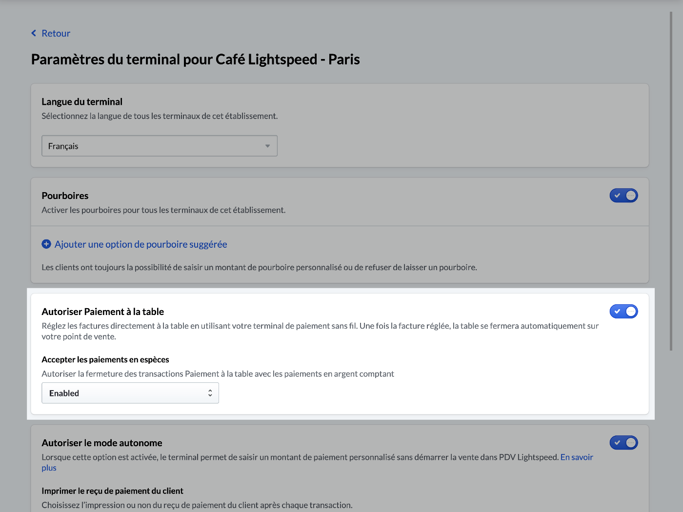 L'image montre la page des paramètres pour tous les terminaux de paiement associés à cet établissement. La section 'Autoriser Paiement à la table' est mise en surbrillance.